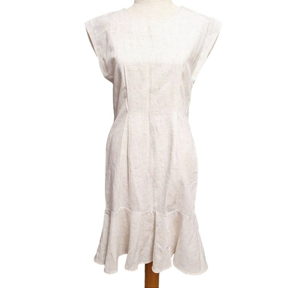 Vtg flax dress size 6 Oatmeal ruffle hem‎ cap sleeve midi